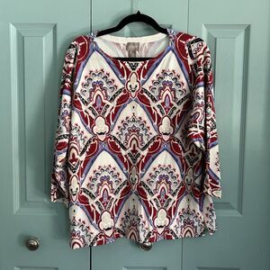 Chico’s Womens Boho Blouse Top Large Stretch Knit 3/4 Sleeve Relaxed Mature